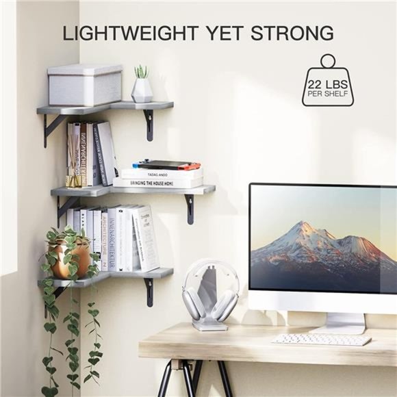 Corner Shelves Wall Mounted Set of 3, Rustic Paulownia Wood Wall Shelves - Picture 2 of 6